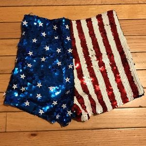 Red, white and blue high-rise sequined shorts